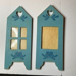 Vintage Teal Blue Wooden House Shaped Photo Frame Set Cottage Decor Heart Detail